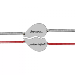 Set bratari argint cuplu inimioare 16 mm si snur negru (M) si rosu (F) (2 bucati incluse) - personalizate cu text